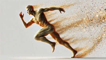 Running man made of golden sand on white background. 3D renderingの素材