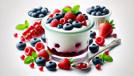 yogurt with fresh berries and mint on a white background.の素材