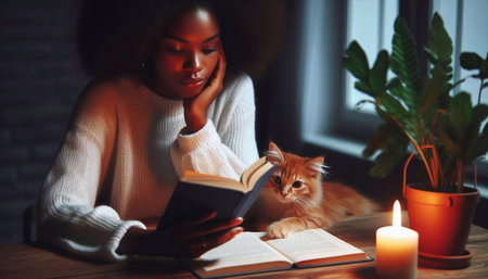 Young african american woman reading book and ginger cat on table at home.の素材
