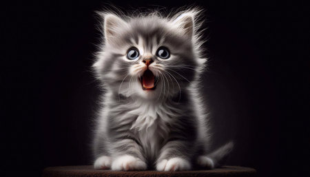 Siberian kitten on a black background. The cat is surprised.の素材