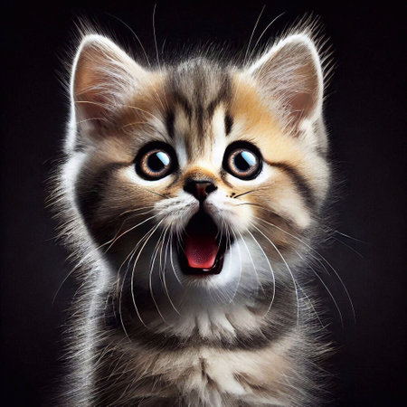 Portrait of a cute siberian kitten on a black backgroundの素材