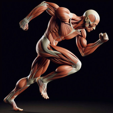 3D rendering of a male figure with muscle maps isolated on black backgroundの素材