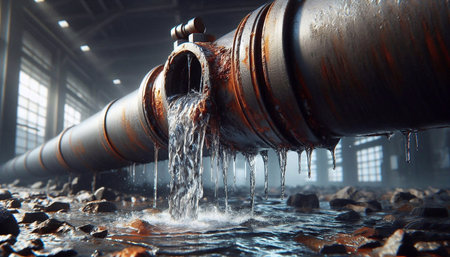 Industrial scene with pipes and flowing water. 3d rendering.の素材