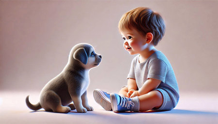Cute little boy playing with a dog, studio shot on gray backgroundの素材