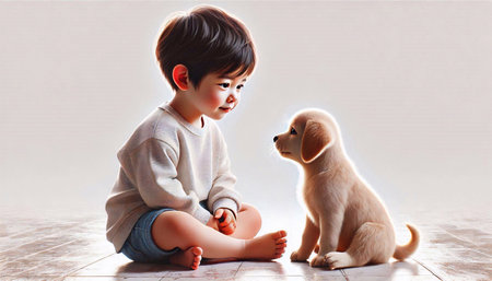 Cute little boy playing with a dog on the floor, studio shotの素材