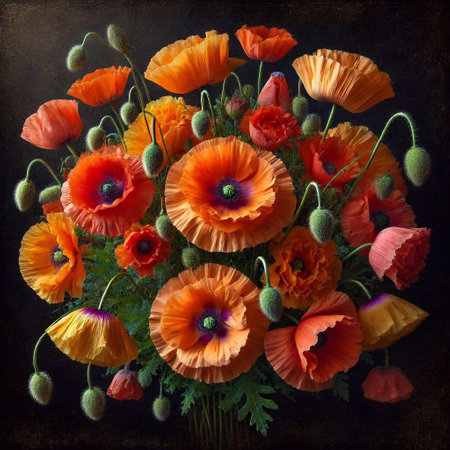 poppies bouquet on dark grunge background, vintage styleの素材