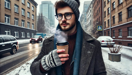 Handsome young man with a beard in a coat and scarf is holding a cup of coffee on the street in winter.の素材