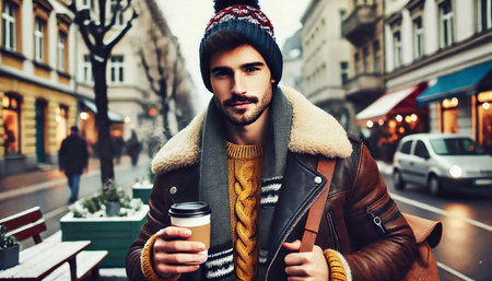 Handsome young man in a brown coat with a cup of coffee on the streetの素材