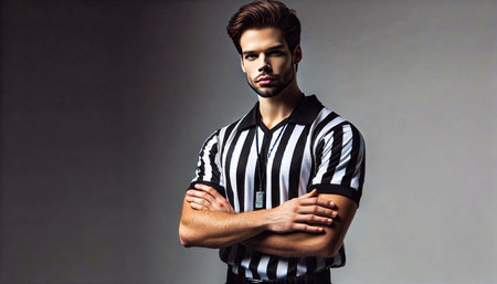 Portrait of a confident referee with arms crossed on gray background.の素材