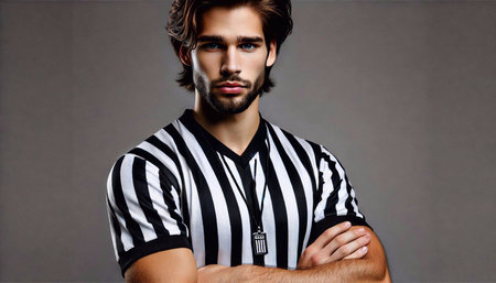 Portrait of a confident referee in a striped uniform. Studio shot.の素材