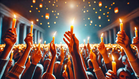 Group of people holding burning candles in church. Religion and worship concept.の素材