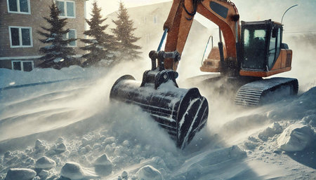 Snow plow on a sunny winter day. Excavator in action.の素材