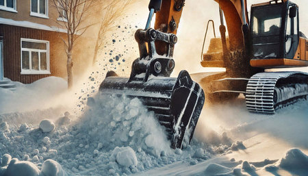 Snow removal machine in front of a house in the village in winterの素材