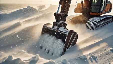 Snowplow in action during a snowfall in the winter.の素材