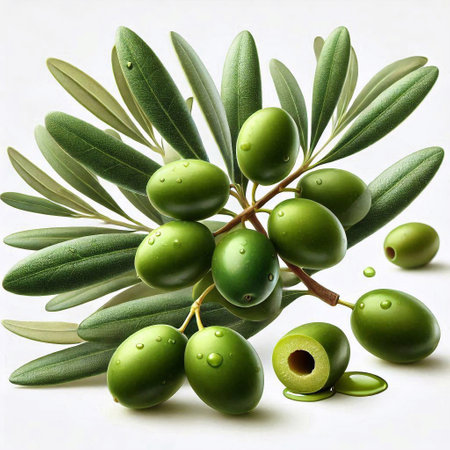 Olive branch with green olives and drops of water on itの素材