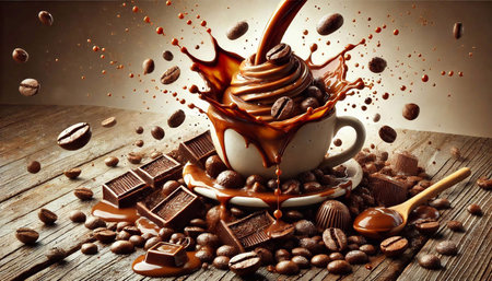 Cup of coffee with splashes and chocolate pieces on wooden tableの素材