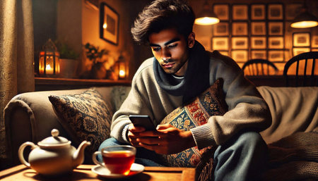 Young man in a cafe with a cup of tea and a phone.の素材