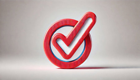Red check mark icon on white background. 3d rendered illustration.の素材
