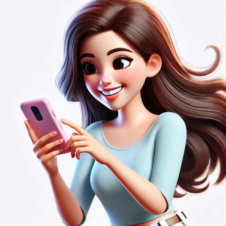 3D render of a beautiful girl with long hair using a smartphoneの素材