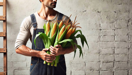 cropped image of farmer holding corn bouquet against white brick wallの素材