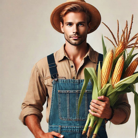 Portrait of a handsome young farmer standing with corn cobs.の素材