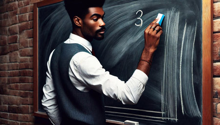 Young african american man writing on chalkboard. Education concept.の素材