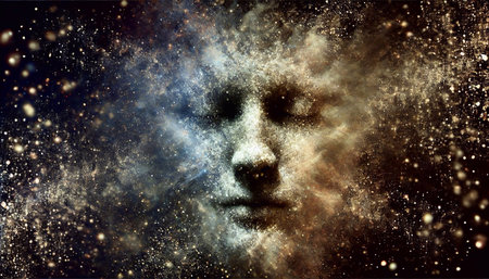 3D rendering of a female face surrounded by stars and nebulaの素材