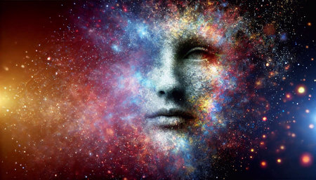 Face of a woman combined with colorful nebula and starry skyの素材