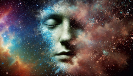 Face of a beautiful girl with closed eyes against the background of a colorful nebulaの素材