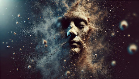 Face of a man made of powder and smoke. 3d renderingの素材