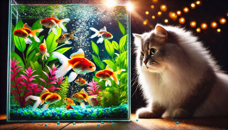 Cat and fish in aquarium. Aquarium with fish and plants.の素材