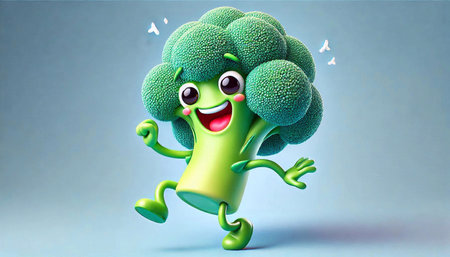 3d rendered illustration of a broccoli cartoon character running and jumping.の素材