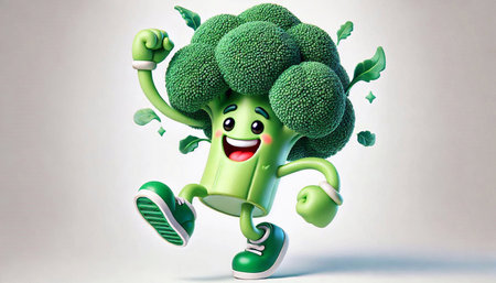 Healthy green broccoli character running on white background, 3d illustrationの素材