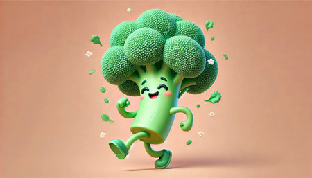 3d rendered illustration of a broccoli character running in the air.の素材