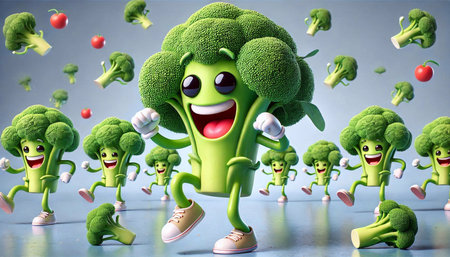 3d illustration of a group of green broccoli characters running in a rowの素材