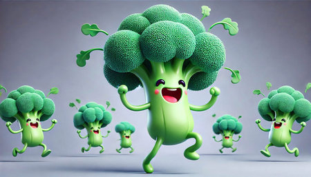 Healthy green broccoli character running with group of broccoli. 3d illustrationの素材