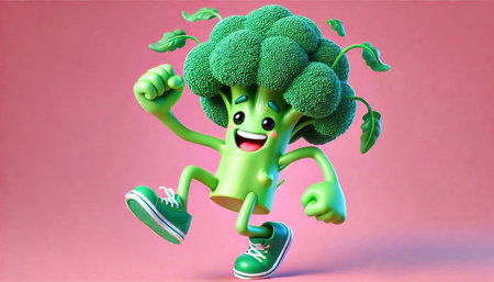 Cartoon character of broccoli running on a pink background. 3d illustrationの素材