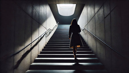Silhouette of a girl walking up the stairs in a tunnelの素材