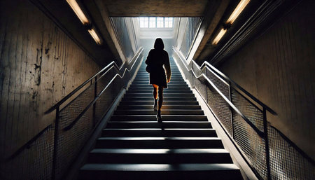 Conceptual image of a young woman walking up the stairs.の素材