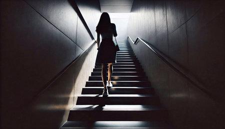 Silhouette of a young woman walking up the stairs in a dark corridorの素材