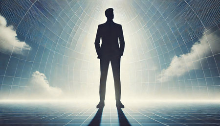 Silhouette of a businessman standing in front of a futuristic backgroundの素材