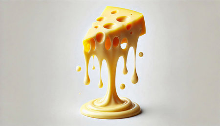 Pouring melted cheese on a white background. Cheese with holes.の素材