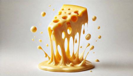 Pouring melted yellow cheese on a white background with splashes.の素材