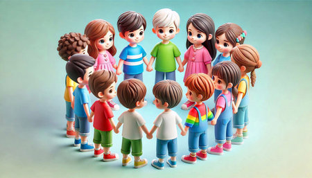 Group of kids standing in a row and holding hands together, 3d illustrationの素材