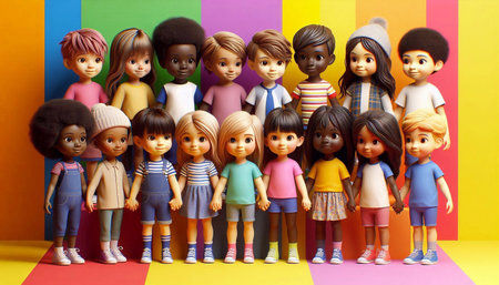 Group of multicolored children's dolls on a colorful background.の素材