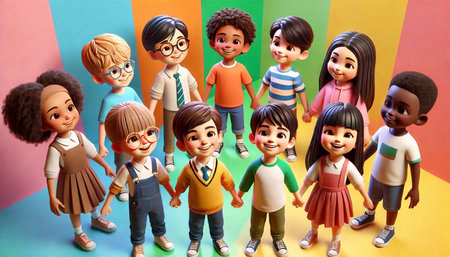 Group of children in different nationalities on a multicolored backgroundの素材