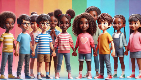 Group of african american kids with different faces on colorful backgroundの素材
