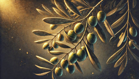 Olive branch with olives on dark background. Vintage style.の素材