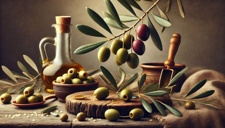 olive oil and olives on a wooden table, still lifeの素材