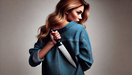 Beautiful blonde woman with a knife in her hands on a gray backgroundの素材